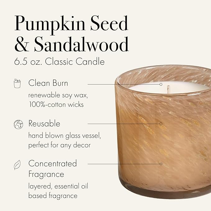 LAFCO New York Fall Classic Candle, Pumpkin Seed & Sandalwood - 6.5 oz - 50-Hour Burn Time - Reusable, Hand Blown Glass Vessel - Made in The USA