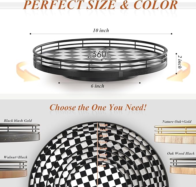 Black and White Kitchen Lazy Susan Turntable – Checkered Round Decorative Tray