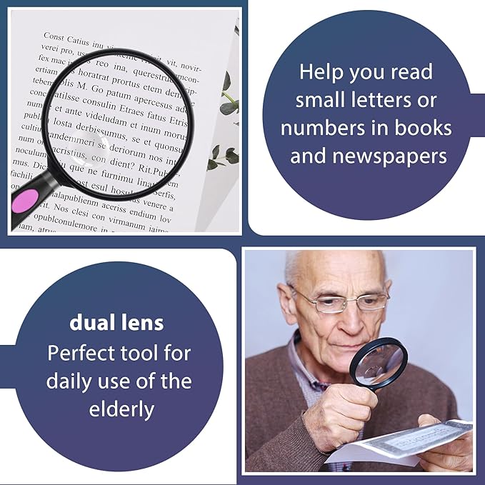 Feosky Handheld Reading Magnifier, 10X 30X Magnifier, 75mm Shatterproof Lens, Non-Slip Handle for Adults Close Work, Seniors Reading and Kids Nature Exploration, Hobby Observation(Purple/Black)