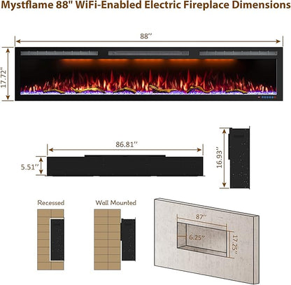 88 Inch WiFi-Enabled Electric Fireplace Inserts & Wall Mounted, Slim Electric