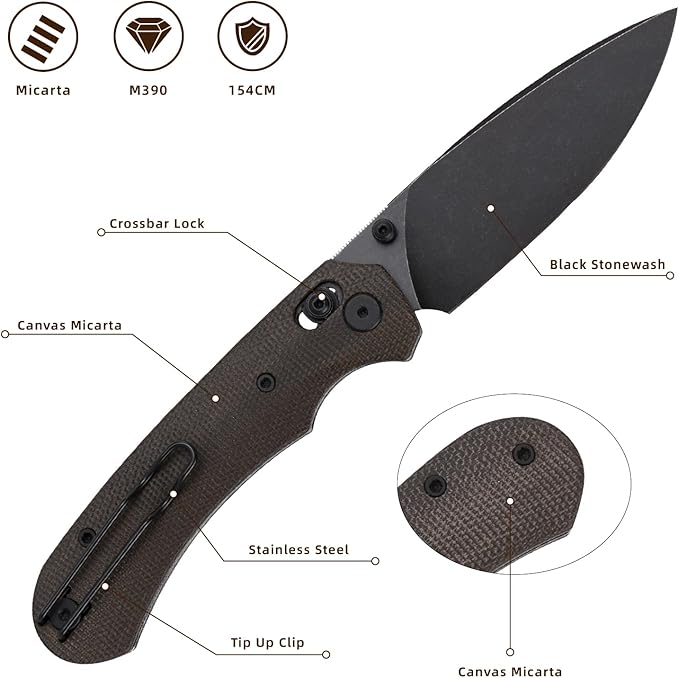 Folding Knife,Pocket Knife,3.31??154CM Blade,Erogonomic Canvas Micarta Handle,Survival Camping Knife with Pocket Clip,EDC Knife for Camping Hunting Hiking Survival,Green