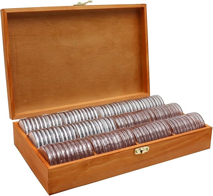 20-46 mm Wooden Coin Holder, 120 Pcs Highly Transparent Coin Capsules with Foam Gasket, Coins Collector Case Holder, Professional Coin Storage Case Box for Coin Collection (Bronze)