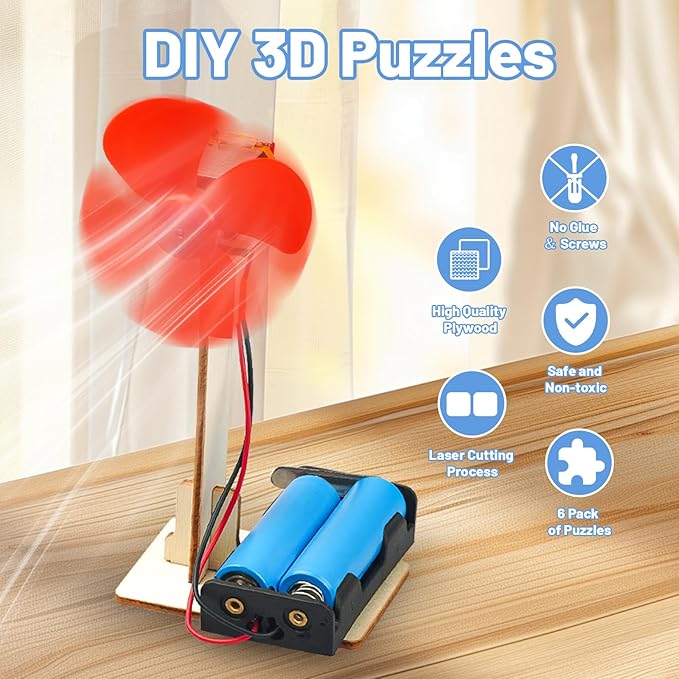 6 STEM Science Kits for Kids Age 6-8 8-12, STEM Building Toys for 6 7 8-10 Year Girls Boys Wood Crafts, Electric Fan Experiments Activities Circuit Projects, Bulk Gifts for Kids Classroom Party Favors