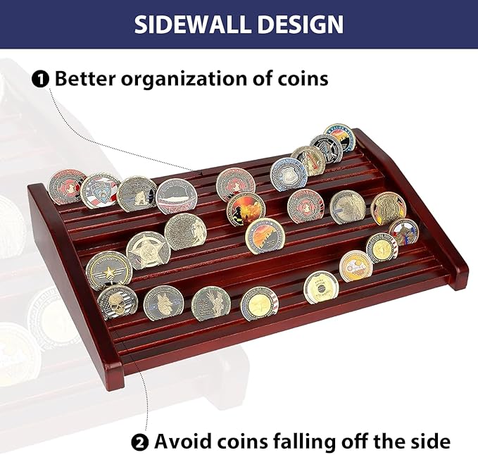 Challenge Coin Holder Display Case - 3 Tiers Solid Wood Military Coin Rack for 80-100 Coins, Army Coin Stand for Desk Display, Mahogany