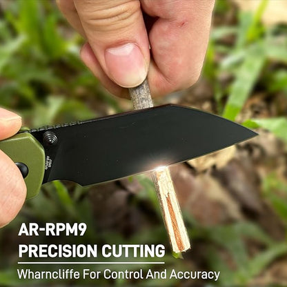 CJRB Pyrite-Light Pocket Knife, Folding Knife with 3.34'' AR-RPM9 Steel Blade EDC Knife Small Pocket Knife with Pocket Clip for Men Women, Suitable for Camping Survival Hiking Knives, J1945 Green