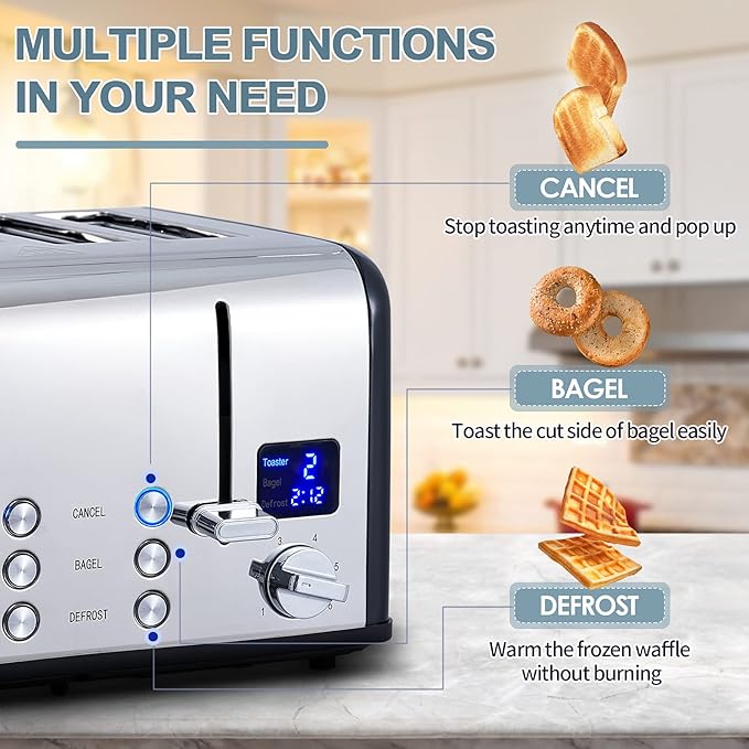 CUSIMAX 4 Slice Toaster, Ultra-Clear LED Display & Extra Wide Slots, Stainless