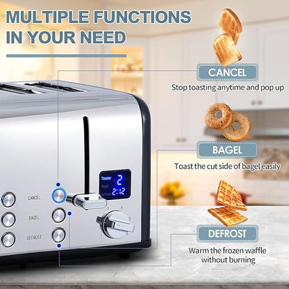 CUSIMAX 4 Slice Toaster, Ultra-Clear LED Display & Extra Wide Slots, Stainless