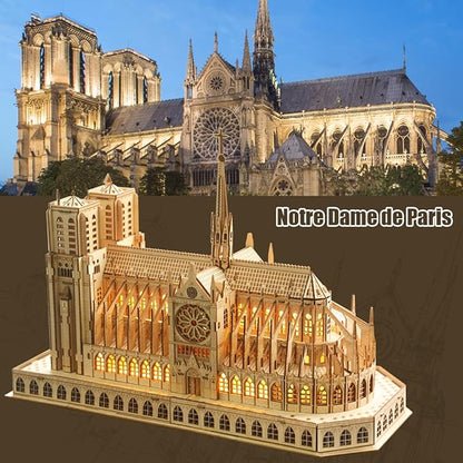 3D Wooden Puzzles for Adults,Notre Dame de Paris Church Model Kit for Adults to Build,Led Light DIY Games Gift on Birthday Christmas,Building Puzzle 266 Pcs