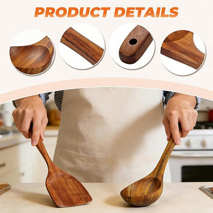 2Pcs Wooden Ladle and Spatula, Natural Acacia Long Handle, Large Capacity