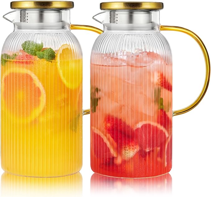 2 PACK Glass Pitcher with Lid 64 oz, Classic Vertical Stripes Pitcher with Lid