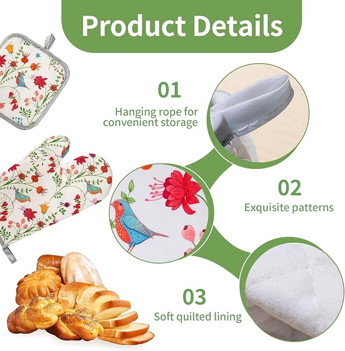 3 Pcs Kitchen Stuff, Kitchen Oven Mitts and Pot Holders Sets