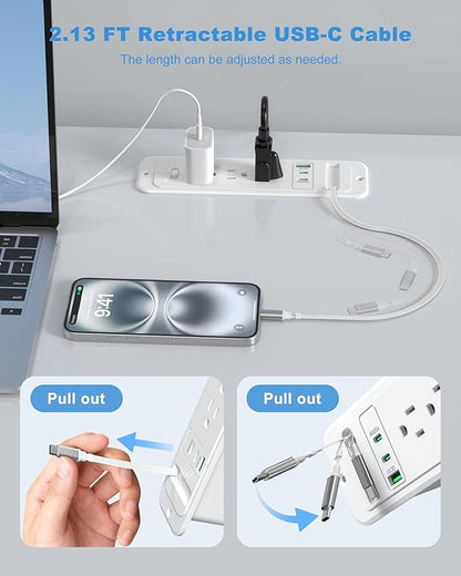 Recessed Power Strip with Retractable USB C Cable, 2 PD 20W USB C, Flush Mount