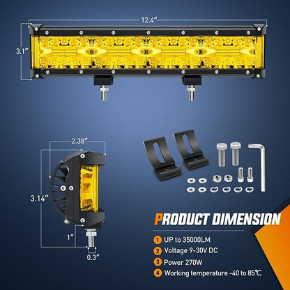 Nilight Side Shooter Light Bar 12Inch Triple Row Spot Flood Combo Yellow Beam Work Lights with 5Pin Rocker Switch Wiring Harness Kit for Off-Road Lighting on Truck SUV ATV UTV