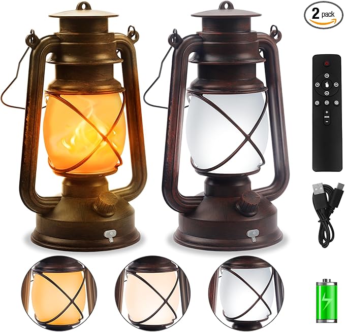 2 Pack Bronze Vintage 4 Modes Light LED Lanterns，Rechargeable Dancing Flame