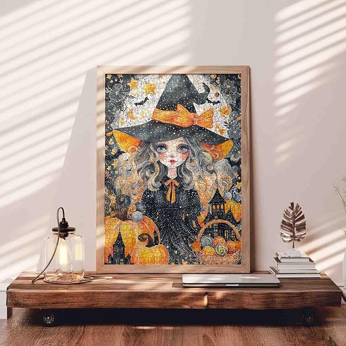 Halloween Puzzle 1000 Pieces for Adults Cute Witch with Pumpkins and Candy Whimsical Halloween Jigsaw Puzzle Spooky Cottagecore Aesthetic Fall Puzzles for Women Men Teens Challenging Puzzle Gift