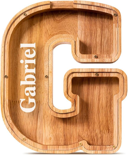 Summidate Customized Name Large Wooden Piggy Bank for Kids Boys Girls Alphabets Letter A-Z Coins Bills Money Change Bank Box Initial on Clear Cover (Laser Engraved) (Alphabet-G, Personalized-9")