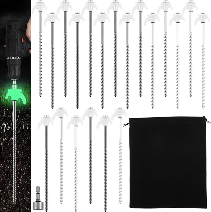 JaGely 40 Pcs 12 Inch Screw in Tent Stakes Heavy Duty Ground Anchors Metal Threaded Spikes Camping Stake Screw in Tent Pegs with Hex Head Driver for Camping Travel Decor Outdoor (Luminous White)