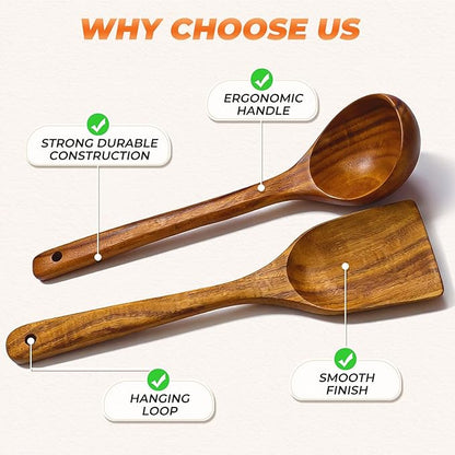 2Pcs Wooden Ladle and Spatula, Natural Acacia Long Handle, Large Capacity