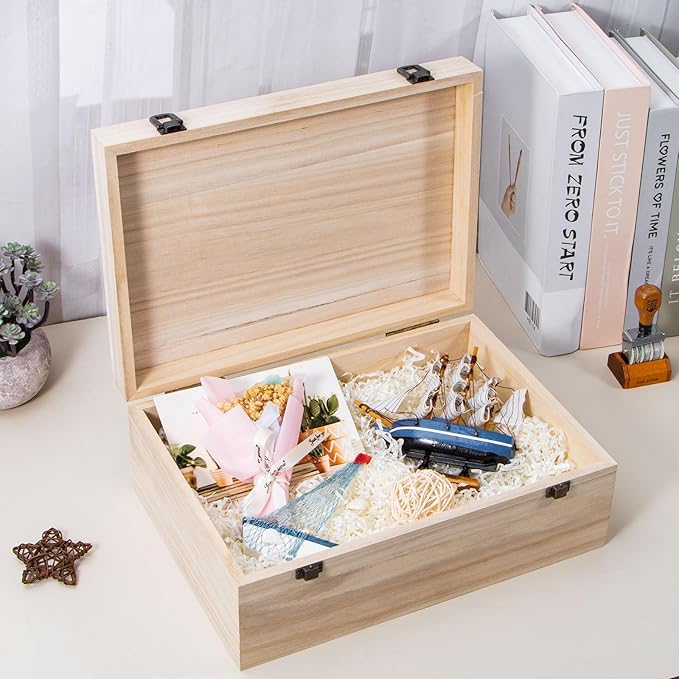 Wooden Storage Box Container with Hinged Lid and Front Clasp, 12.2''x8.6''x4.7'' Large Wooden Box, Wood Boxes Wood Gift Boxes for Crafts Art Hobbies and Valentine's Day Decoration
