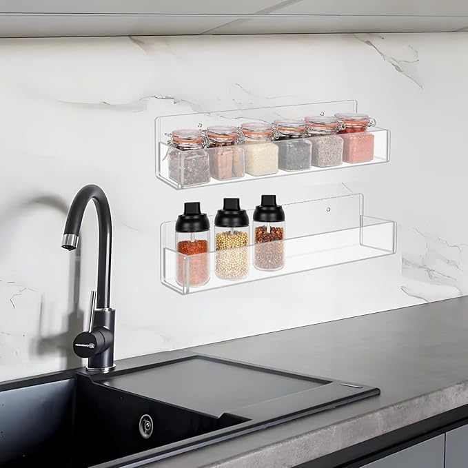 Acrylic Spice Rack Wall Mount-12 Inch, 4 Pack Hanging Seasoning Rack Organizer