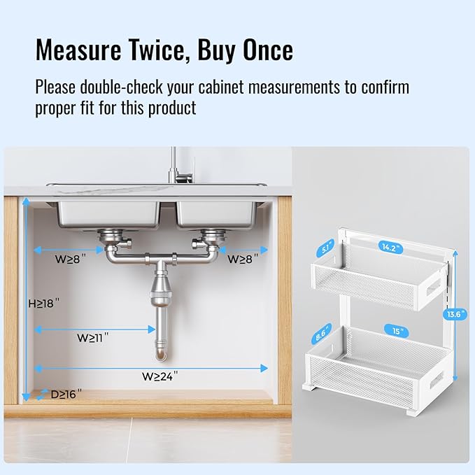 Full Metal Under Sink Organizer, Pull Out Cabinet Organizers and Storage, Silk-Smooth Sliding Drawer for Kitchen, Bathroom, Pantry, Cabinet, Closet (White, 2 Pack)