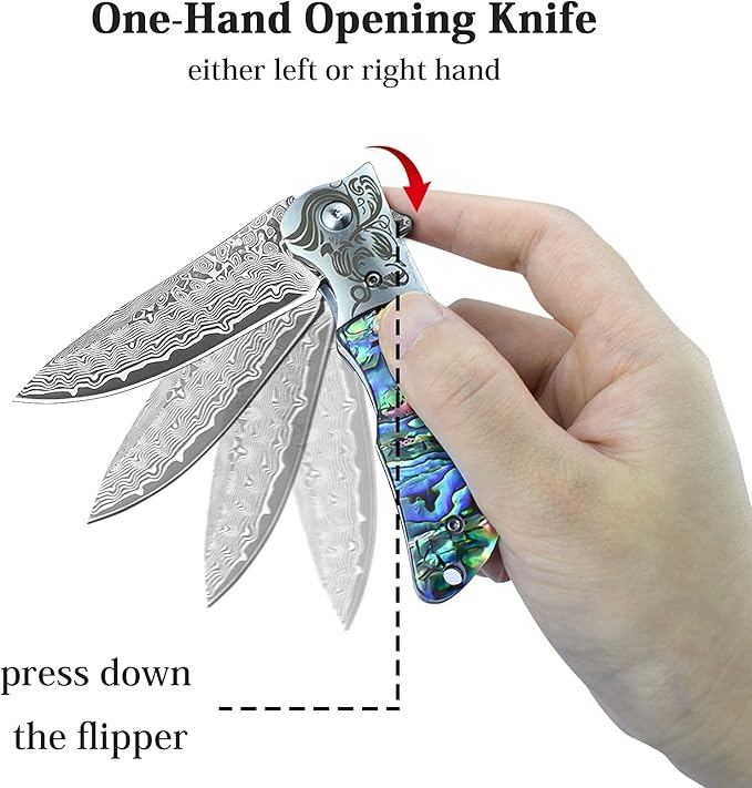 AUBEY EDC Damascus Pocket Knife with Leather Sheath, Abalone Shells Handle, Handmade Damascus Steel Folding Knives with Clip for Everyday Carry, Excellent Gifts for Men Women Hunting