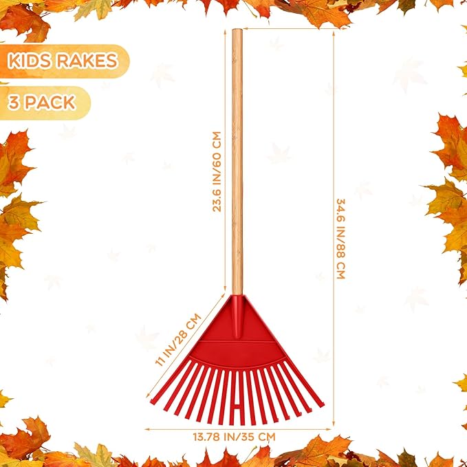 Macarrie Pack of 3 Kids Rakes with Hardwood Handle Lawn Garden Rake for Kids Gifts to Sweep Fall Leaves in Lawn and Tidying up The Garden Made of Wood and Plastic, 34.6 Inch(Red)