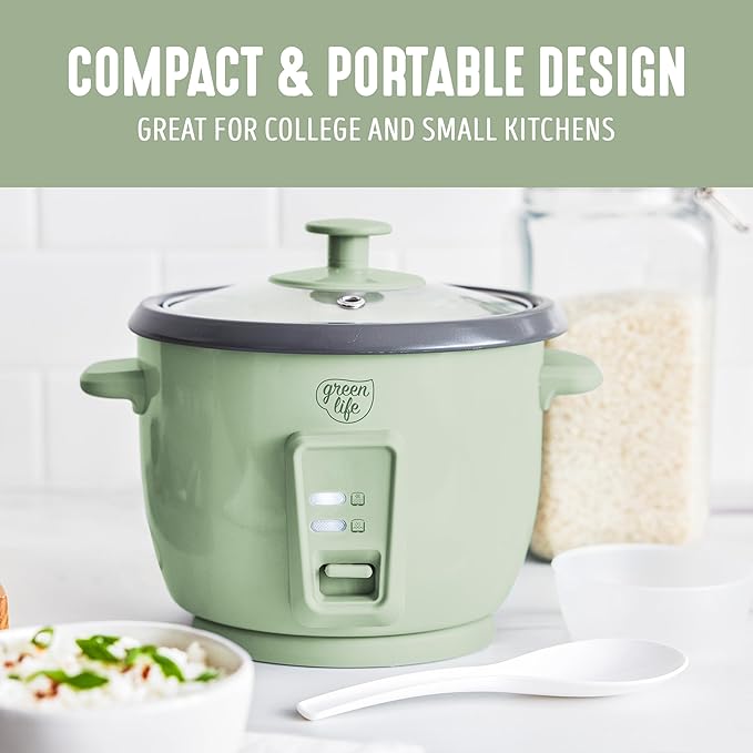 GreenLife Rice Cooker with Removable PFAS-Free Ceramic Nonstick Pot, 3-Cups