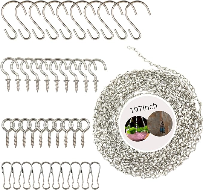 YINGFENG 197 Inch DIY Silver Hanging Basket Chains, Adjustable Length, Decorative Metal Chain with Hooks for Hanging Bird Feeders, Planters, Ornaments
