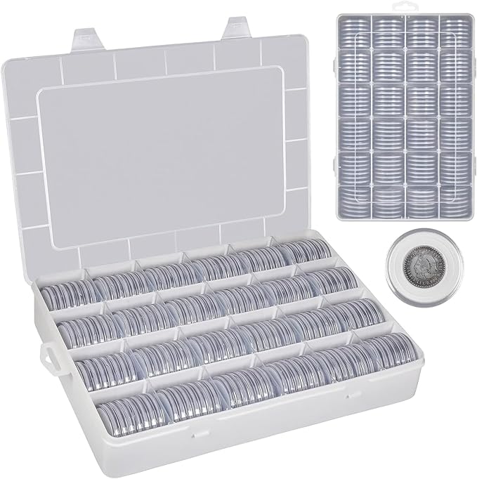 168 Pcs 46mm Coin Capsules Case with Foam Gasket, Plastic Storage Organizer Holder for Coin Collection Supplies, 7 Sizes (16/20/ 25/27/ 30/38/ 46mm) (Box Only)-White