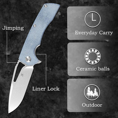 KANSEPT Kryo Pocket Knife 8.08in Folding Knives with 3.58in12C28N Steel Drop Point Blade and Blue Micarta Handle for Outdoor, Tactical, Survival and EDC T1001M3