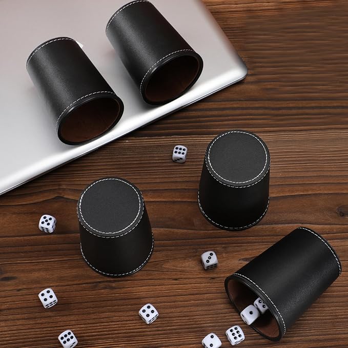 5X Dice Cup Set, PU Leather Dice Shaker Cups with 30 Dices for Bar Party Yahtzee Farkle Dice Games, Coffee (5, Black)