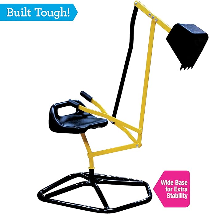 Ride on Crane Digger w Safer Stabilizing Base- Kids Outdoor Digging Excavator Play Toy-100lb Capacity- Swing & Scooper Grab Function, 360 Degrees Rotation Seat- Backyard Sandbox, Dirt, Snow- Xmas Gift