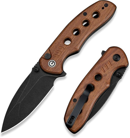 CIVIVI Triptych Folding Pocket Knife, 2.97" 14C28N Blade Wood Handle with Reversible Clip, Button Lock Knife for EDC Camping Hiking C23085B-3