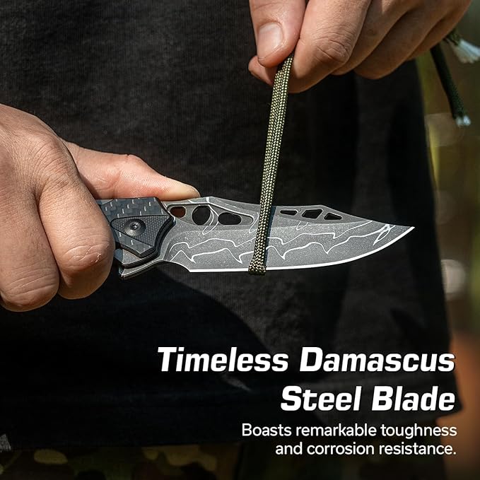 CIVIVI Pocket Knife for Men, Biophase Flipper Tactical Folding Knife, 3.48" Damascus Blade Aluminum with Carbon Fiber G-10 Handle, Lightweight Skeletonized EDC Knife for Camping Hunting, C23083C-DS1