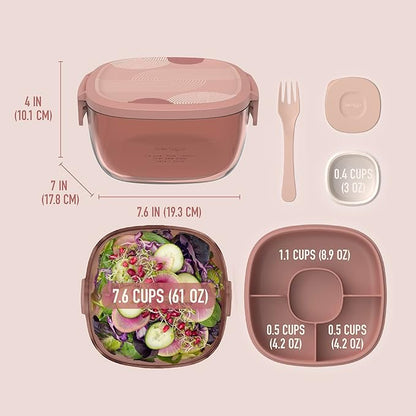 Bentgo Glass Prints All-in-One Salad Container - 61oz Tinted Glass Salad Bowl with Lid, Bento-Style Tray, Sauce Container, & Reusable Fork - Dishwasher & Microwave Safe (Mod Curve - Desert Rose)