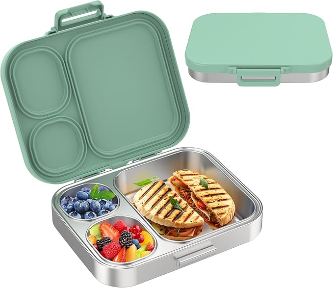 Stainless Steel Bento Lunch Box for Kids | 3-Compartment Lunch Box Container Kids | 100% Leakproof, Eco-Friendly, Perfect Portion Control for Kids&Adult Healthy Meals (Green)