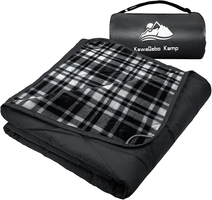 Outdoor Waterproof Blanket, Foldable Fleece Stadium Blanket for Outdoor Sports Event, Camping, Concerts, Car, Pet, Picnics - Windproof, Wearable, Machine Washable 80" x 58" (Black Check)