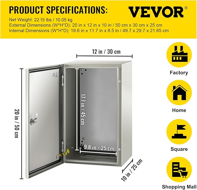 VEVOR NEMA Steel Enclosure, IP66 Waterproof & Dustproof, Outdoor/Indoor
