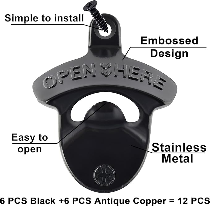 12 Packs Antique Copper Wall Mount Bottle Opener Bulk, Old Fashioned Beer Top