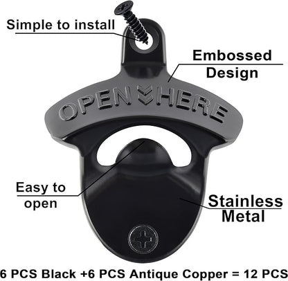 12 Packs Antique Copper Wall Mount Bottle Opener Bulk, Old Fashioned Beer Top