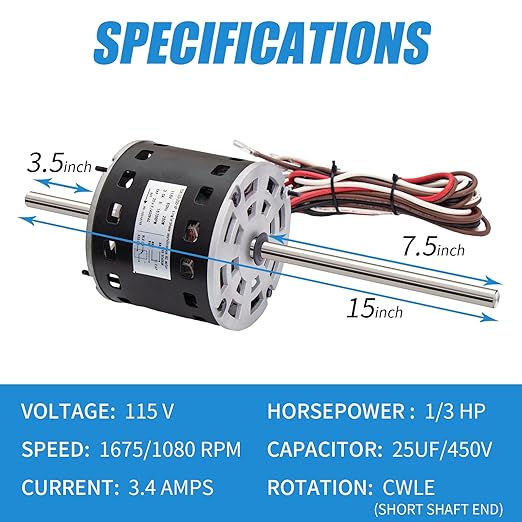 RV AC Fan Motor with Capacitor, 1/3 HP, 115 Volts, 1675 RPM, Replacement