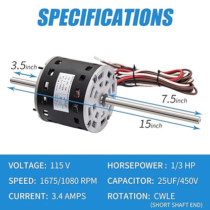 RV AC Fan Motor with Capacitor, 1/3 HP, 115 Volts, 1675 RPM, Replacement