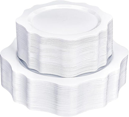 100 PCS White Disposable Plates for 50 Guests, Scalloped Plastic Plates Include 50 Dinner Plates and 50 Dessert Plates for Party, Wedding
