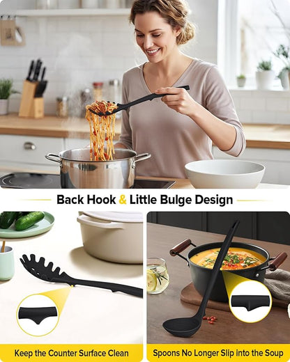 Silicone Pasta Fork and Soup Ladle Set, Heat Resistant Non Stick Kitchen