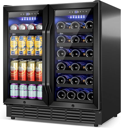 30 Inch Wine and Beverage Refrigerator Black- Dual Zone Beverage Fridge Under