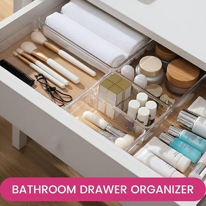 Criusia 26 Pack Large Clear Plastic Drawer Organizer Bins -5 Size Heavy Duty Acrylic Kitchen Drawer Organizers and Storage for Utensils -Bathroom Drawer Organizer Trays for Makeup Office Organization