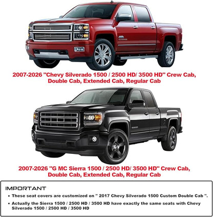 Aierxuan Seat Covers for Truck Chevy Chevrolet Silverado GMC Sierra Pickup 2007-2026 1500 2500HD 3500HD Trail Boss Z71 Crew Double Extended Cab Waterproof Leather Protectors (Full Set, Black)