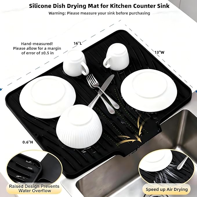 Silicone Dish Drying Mat for Kitchen Counter Sink, Non-Slip dish drying Pad