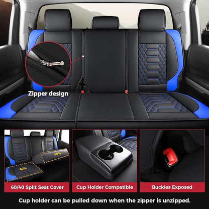 FREESOO Tundra Seat Covers 2007-2013, Fit for Toyota Tundra Crewmax Cab 5 Seats, Custom Truck Seat Covers with Waterproof Faux Leather BlackBlue